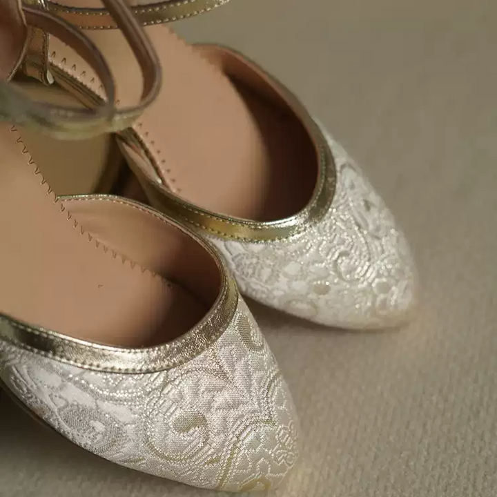 "Golden Reverie" – Handmade Vintage Brocade Low Heel Mary Jane Shoes