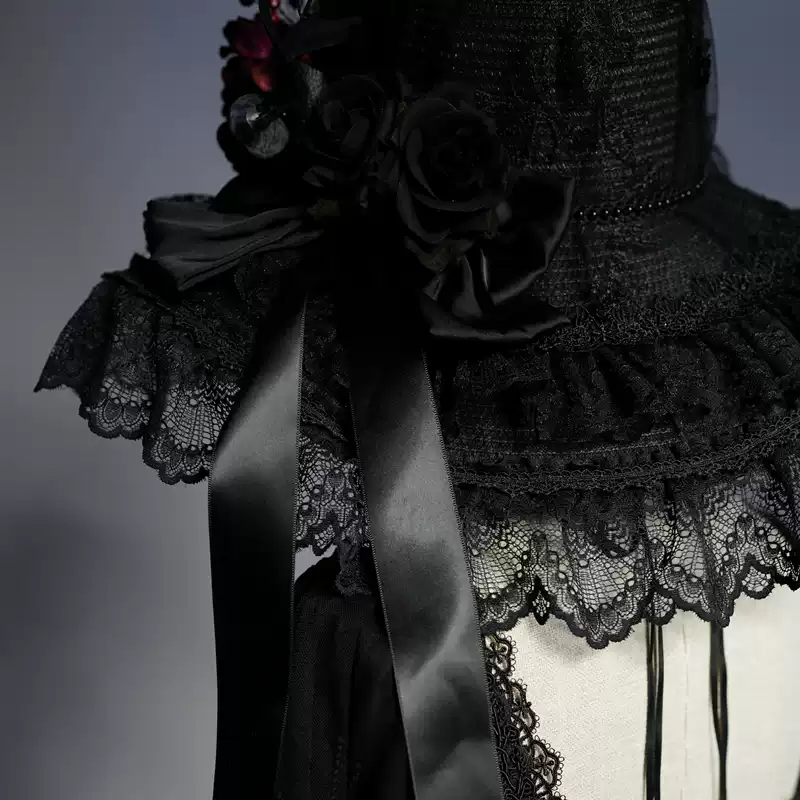 Gothic Black Lolita Hat with Handmade Lace and Dramatic Floral Embellishments