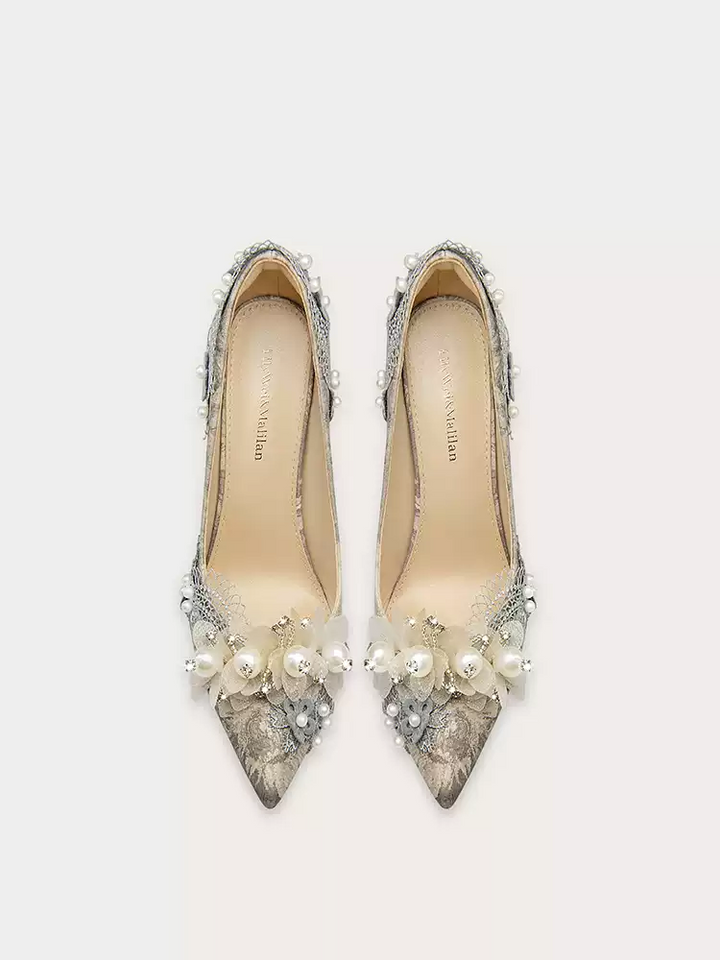 Victorian-Inspired Gray Floral High Heels with Beaded Detailing