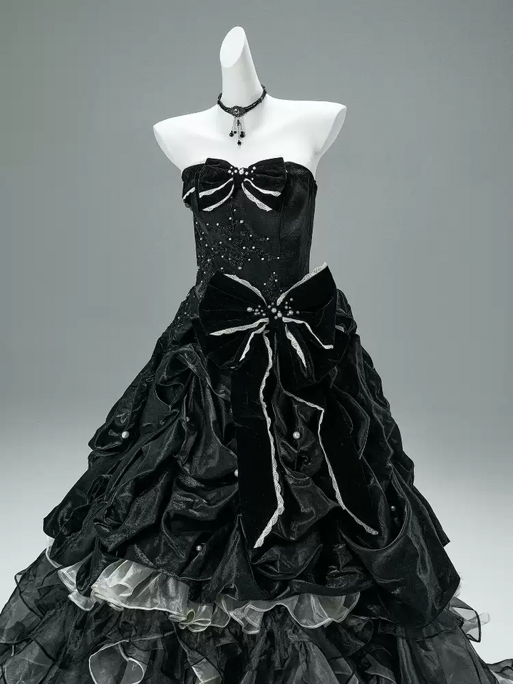Black Gothic Ball Gown with Velvet Bows – Strapless Layered Tulle Ruffle Dress Plus Size