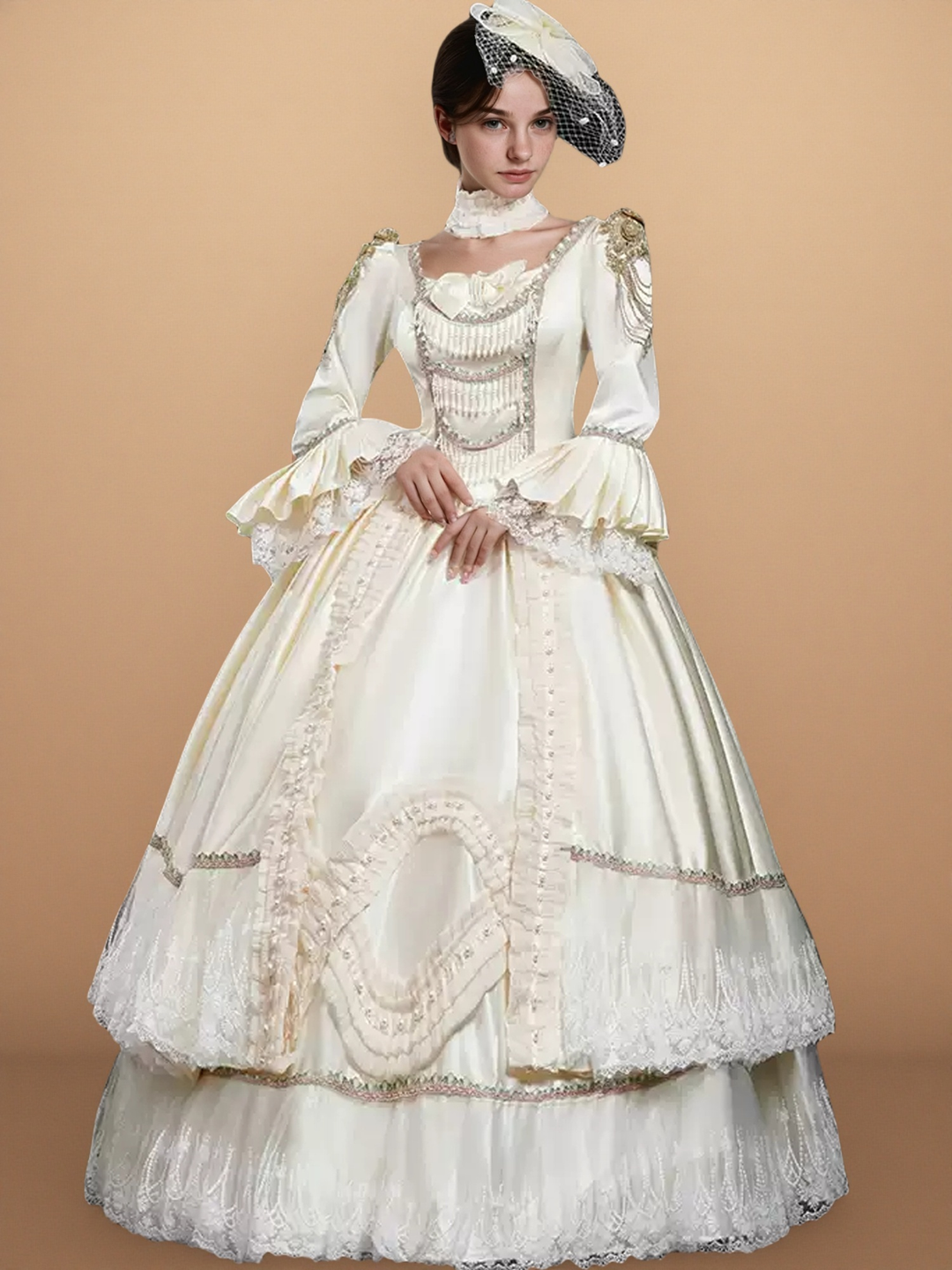 Ivory Rococo Ball Gown with Lace Ruffles – Long Sleeve Court Dress with Pearled Bodice and Tiered Skirt