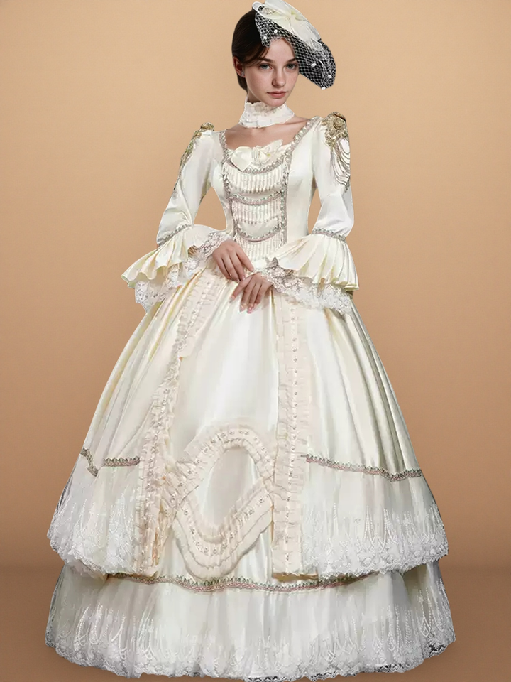 Ivory Rococo Ball Gown with Lace Ruffles – Long Sleeve Court Dress with Pearled Bodice and Tiered Skirt