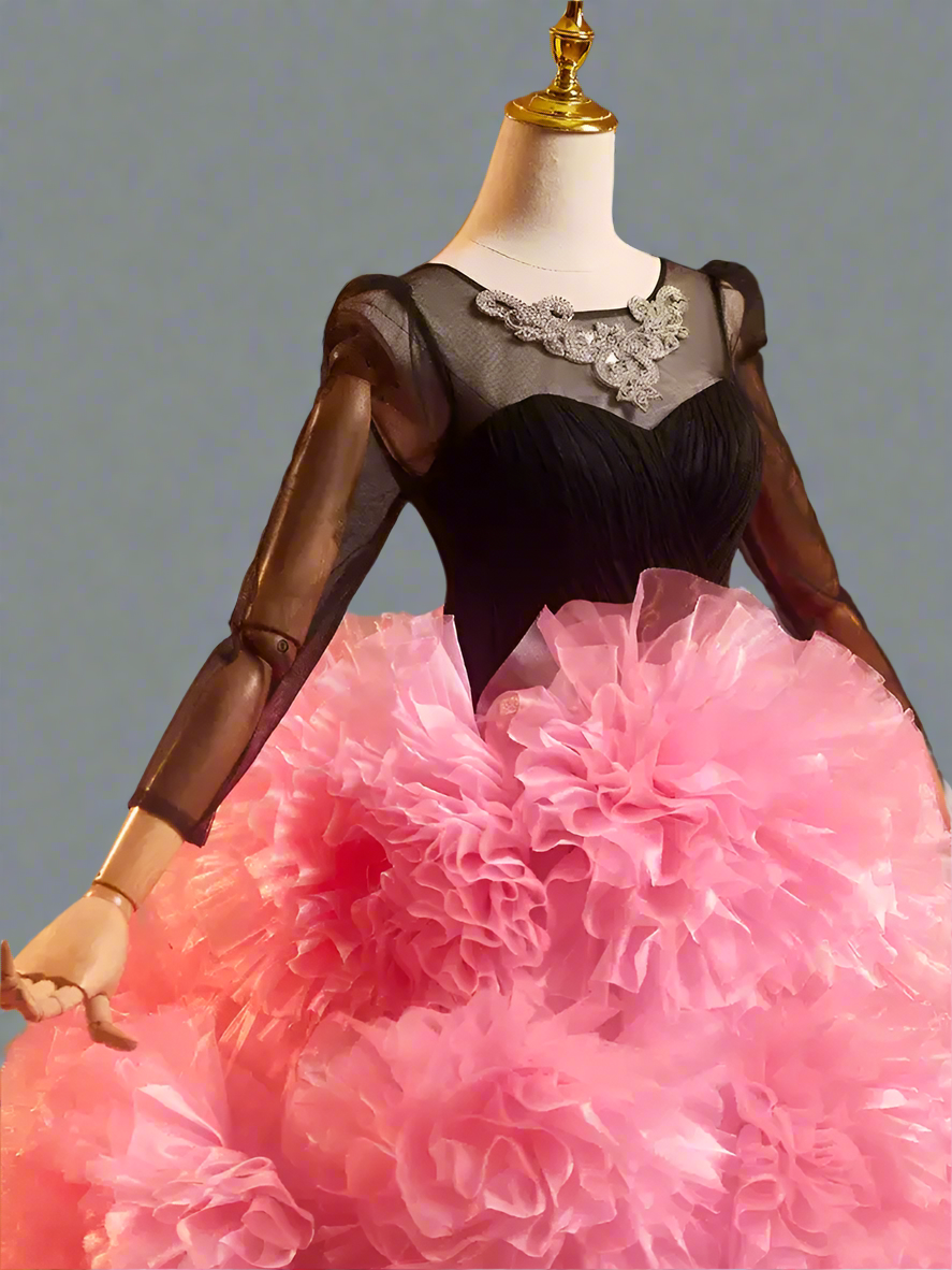 Gothic Black Floral Ball Gown with Pink Ruffle Skirt - Layered Tulle Ruffle Dress - Long-Sleeve Evening Dress Plus Size Size 16W / Pink Gothic Black Floral Ball Gown with Pink Ruffle Skirt - Layered Tulle Ruffle Dress - Long-Sleeve Evening Dress Plus Size Size 16W / Pink
