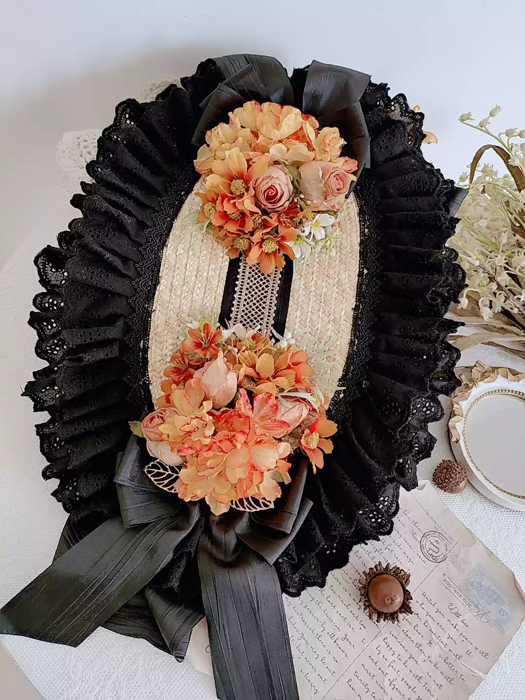 Gothic Black Hat with Dramatic Floral Accents - Handmade Lolita Hat with Lace