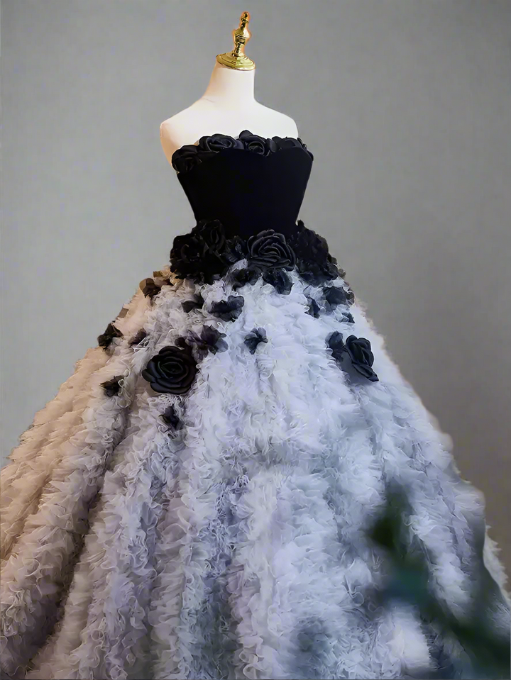 Gothic Black and Grey Ball Gown with Corset Back - Tiered Tulle Dress with Floral Accessories - Layered Tulle Ruffle Dress Plus Size
