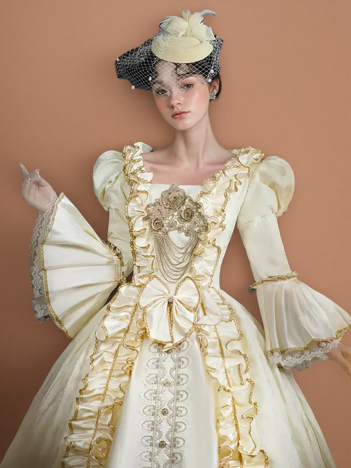 Rococo Cream Ball Gown with Ruffle Trim and Embroidered Bodice – Lace-Up Rococo Costume Dress