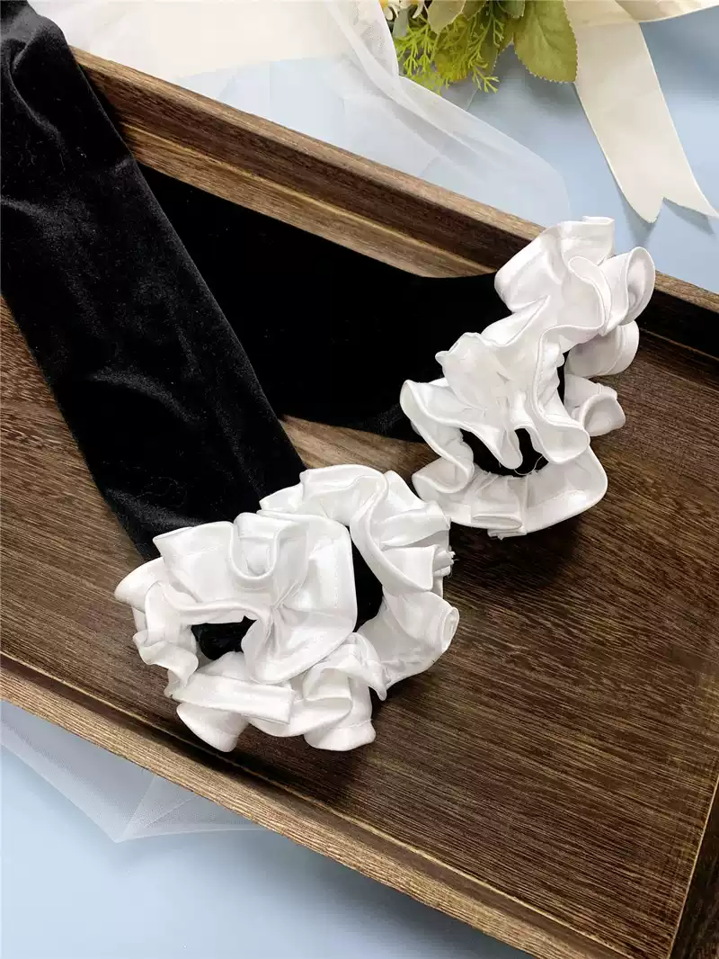 Long Black Velvet Bridal Gloves with White Satin Ruffle Accents