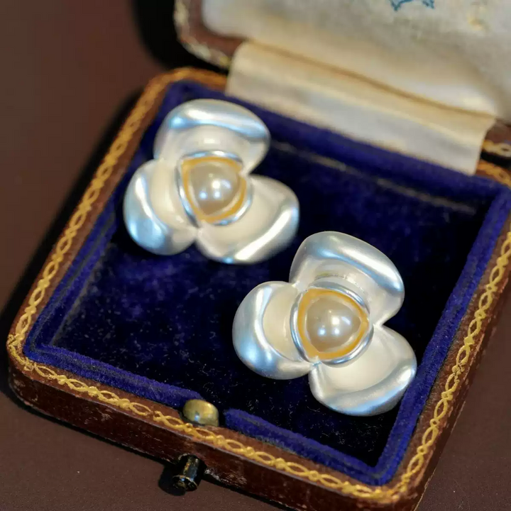 Dew on Petals – Handmade Vintage Pearl Camellia Earrings – Camellia Buds