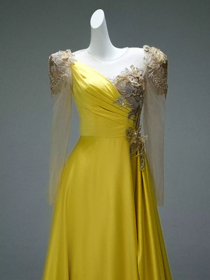 Yellow Satin Evening Dress with Embroidered Sheer Sleeves – Lace-Up Back Formal Evening Dress  Plus Size