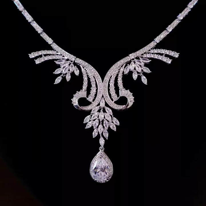 Vintage-Inspired Zircon Jewelry Set - Diamond Necklace and Bride Earrings