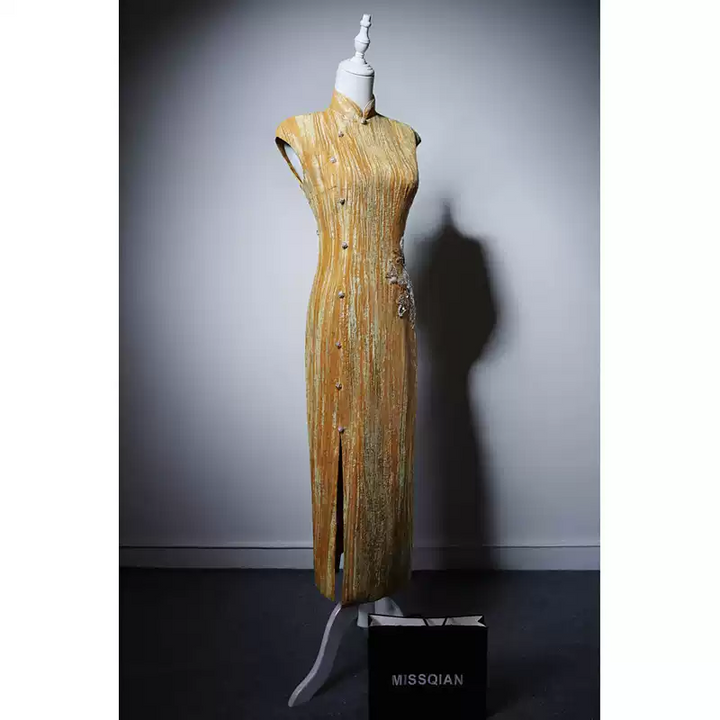 Golden Cheongsam Dress with Sleeveless Design - Golden Yellow Embroidered Formal Evening Gown with Buttons Plus Size