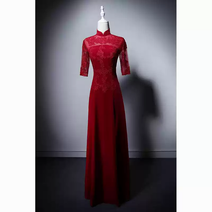 Red Cheongsam Dress with Lace Overlay – Elegant Qipao Dress with Sheer Sleeves and High Neck Custom Order Plus Size