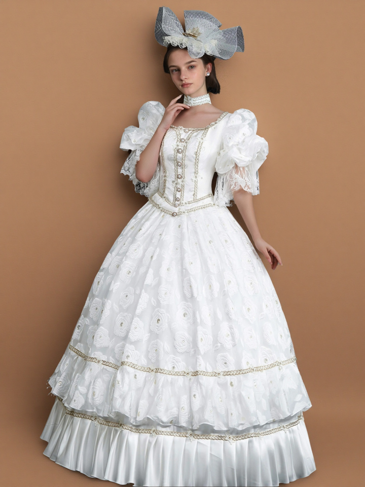 Marie Antoinette Rococo Ball Gown – White Rococo Sand Dress with Puff Sleeves and Embroidered Floral Detail