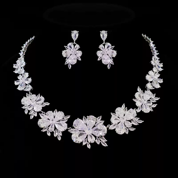 Vintage-Inspired Pink Floral Necklace - Diamond Necklace and Earring Jewelry Set