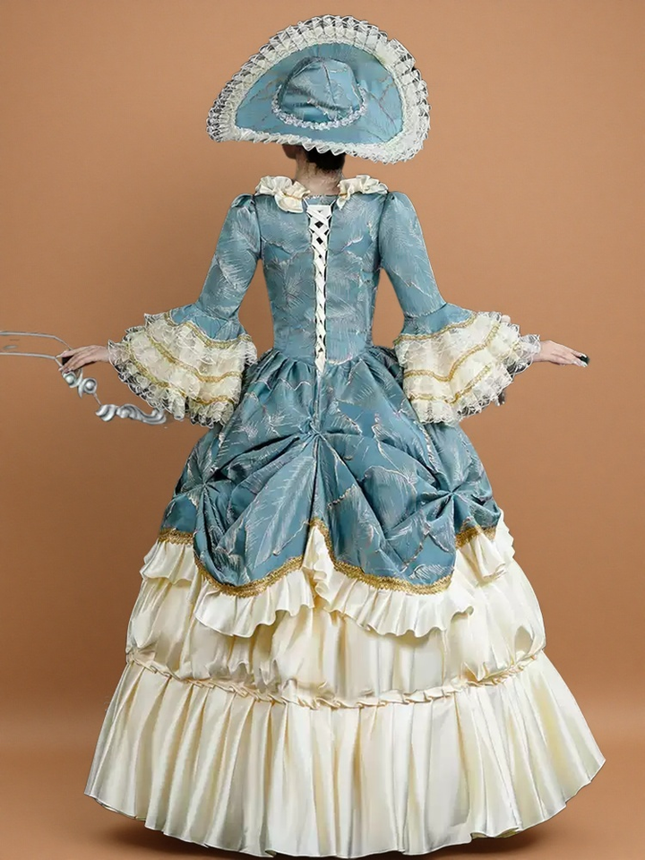 Marie Antoinette Rococo Ball Gown in Powder Blue and Ivory with Lace Bell Sleeves – Baroque Wedding Dress Plus Size