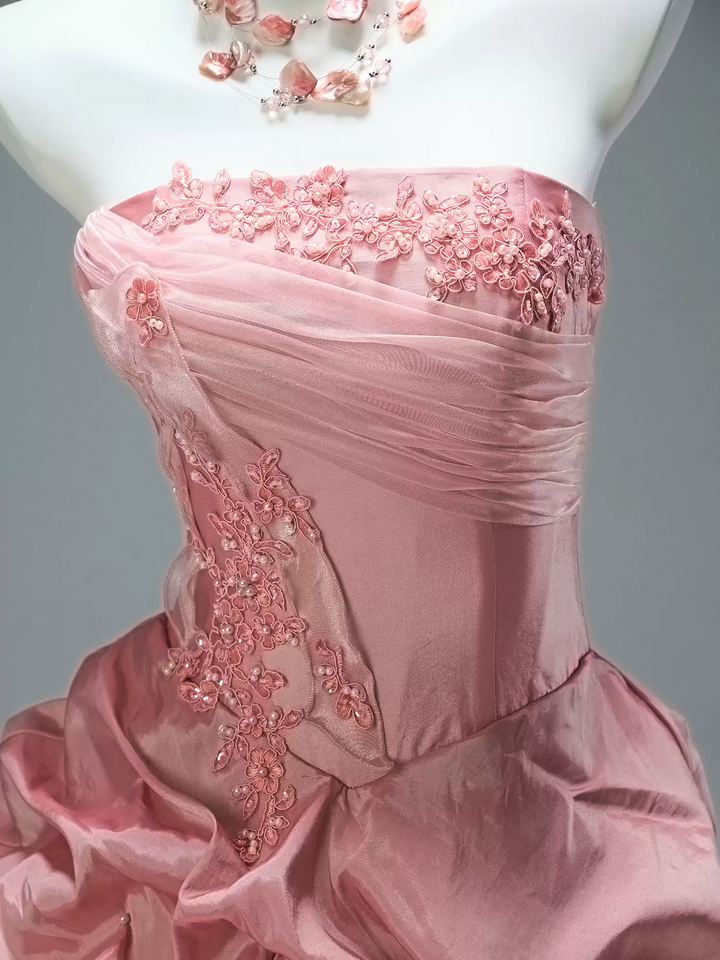 Pink Layered Tulle Ruffle Dress with Embroidery – Strapless Evening Dress with Corset Back Plus Size