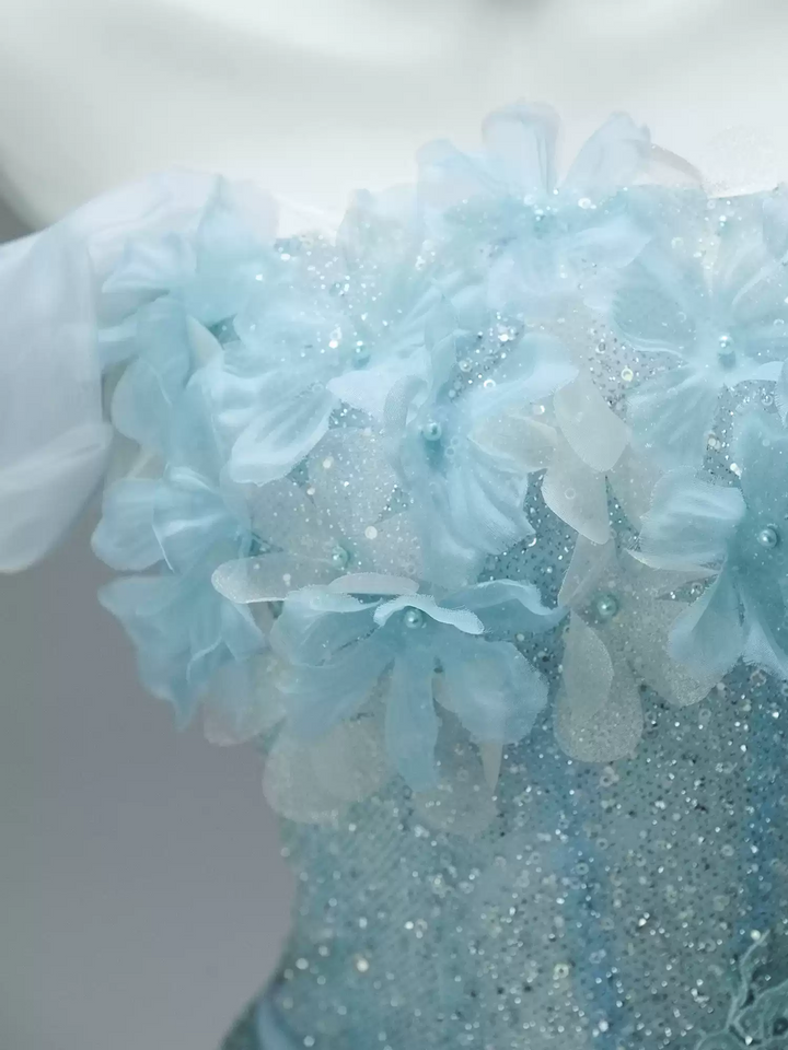 Blue Strapless Layered Tulle Ruffle Dress with Floral Appliqué – Sparkly Sequin Evening Dress with Corset Plus Size
