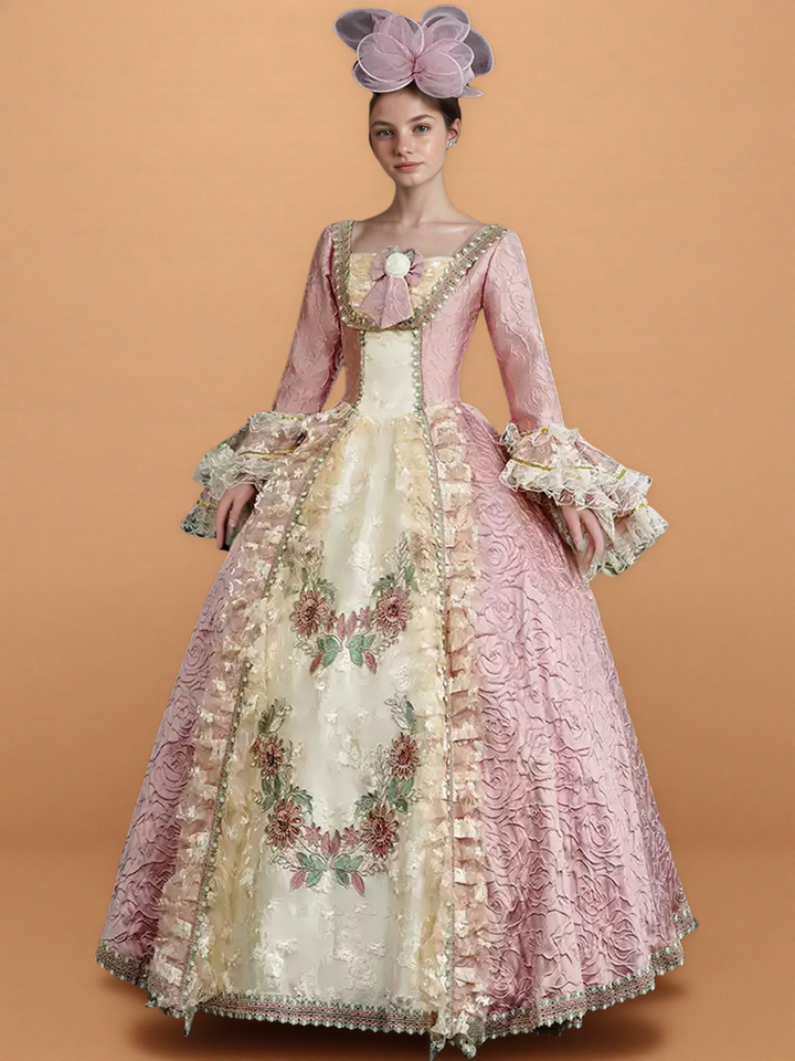 Marie Antoinette Rococo Style Dress in Pink Floral Brocade with Embroidered Front Panel – Baroque Wedding Gown Plus Size