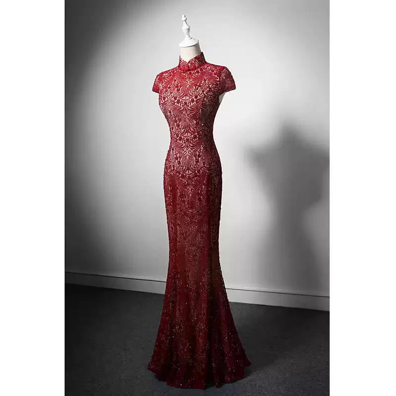 Red Cheongsam Dress with High Neck and Lace – Elegant Mermaid Evening Gown with Back Keyhole Custom Order Plus Size