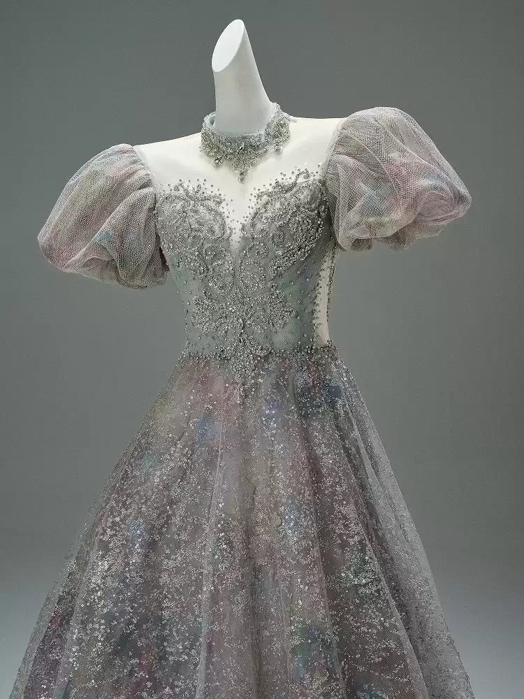 Gray Sequin Evening Dress with Puff Sleeves – Designer Sequin Gowns with Lace-Up Back Plus Size