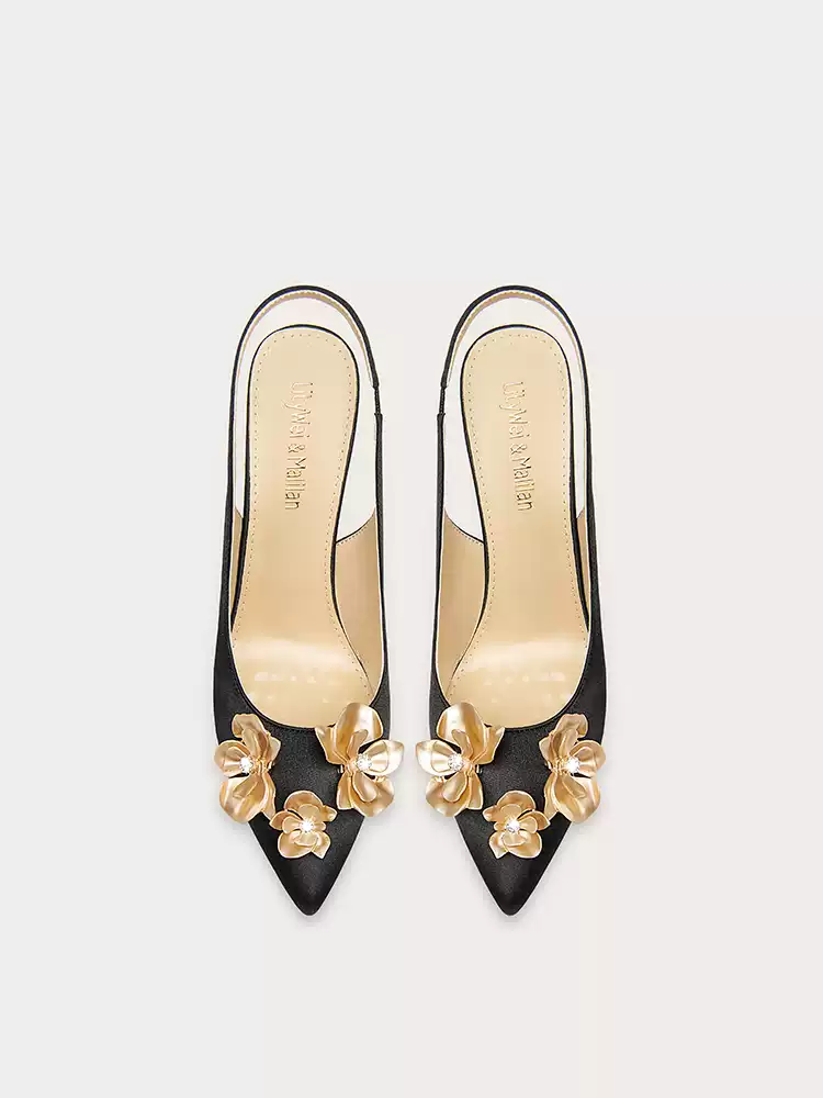 Gothic-Inspired Gold Flower Satin High Heels for Evening Wear