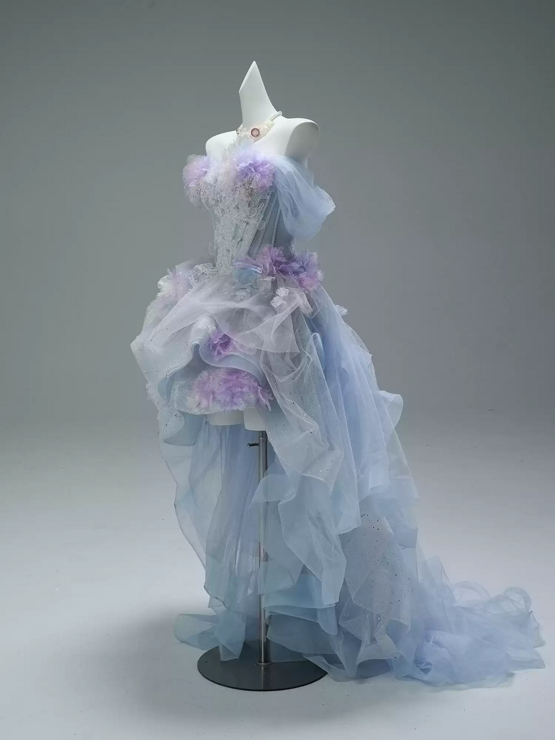 Blue and Purple High Low Dress with Floral Appliqué and Tulle – Strapless Evening Dress with Corset Back Plus Size