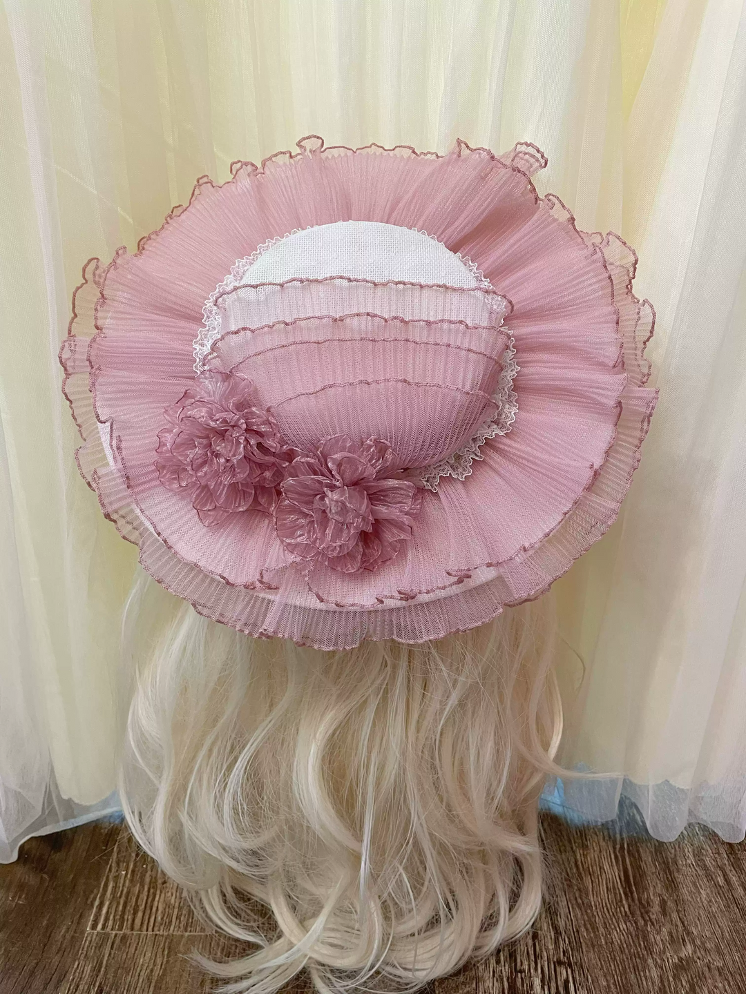 Vintage-Inspired Pink Lolita Hat with Delicate Floral Accents and Tulle