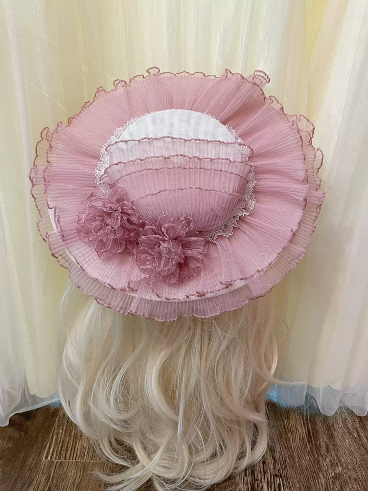 Vintage-Inspired Pink Lolita Hat with Delicate Floral Accents and Tulle