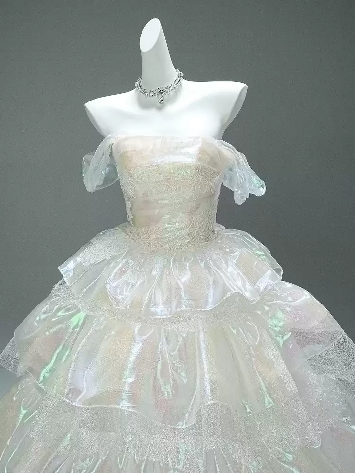 Layered Tulle Ruffle Dress with Off Shoulder Sleeves – White Ball Gown with Corset Back Plus Size