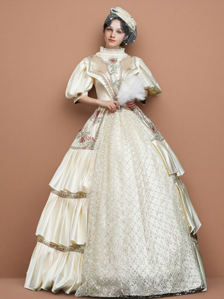 Marie Antoinette Rococo Style Dress – Cream Victorian Ball Gown with Floral Embroidery and Layered Skirt