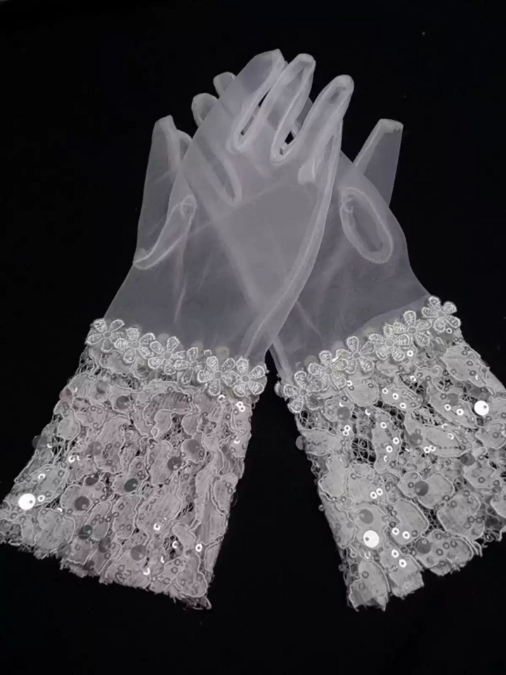 Elegant Silver Sequined Floral Tulle Bridal Gloves