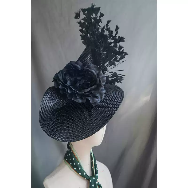 Elegant Black Fascinator Hat with Floral Embellishment - Black Hat with Feather