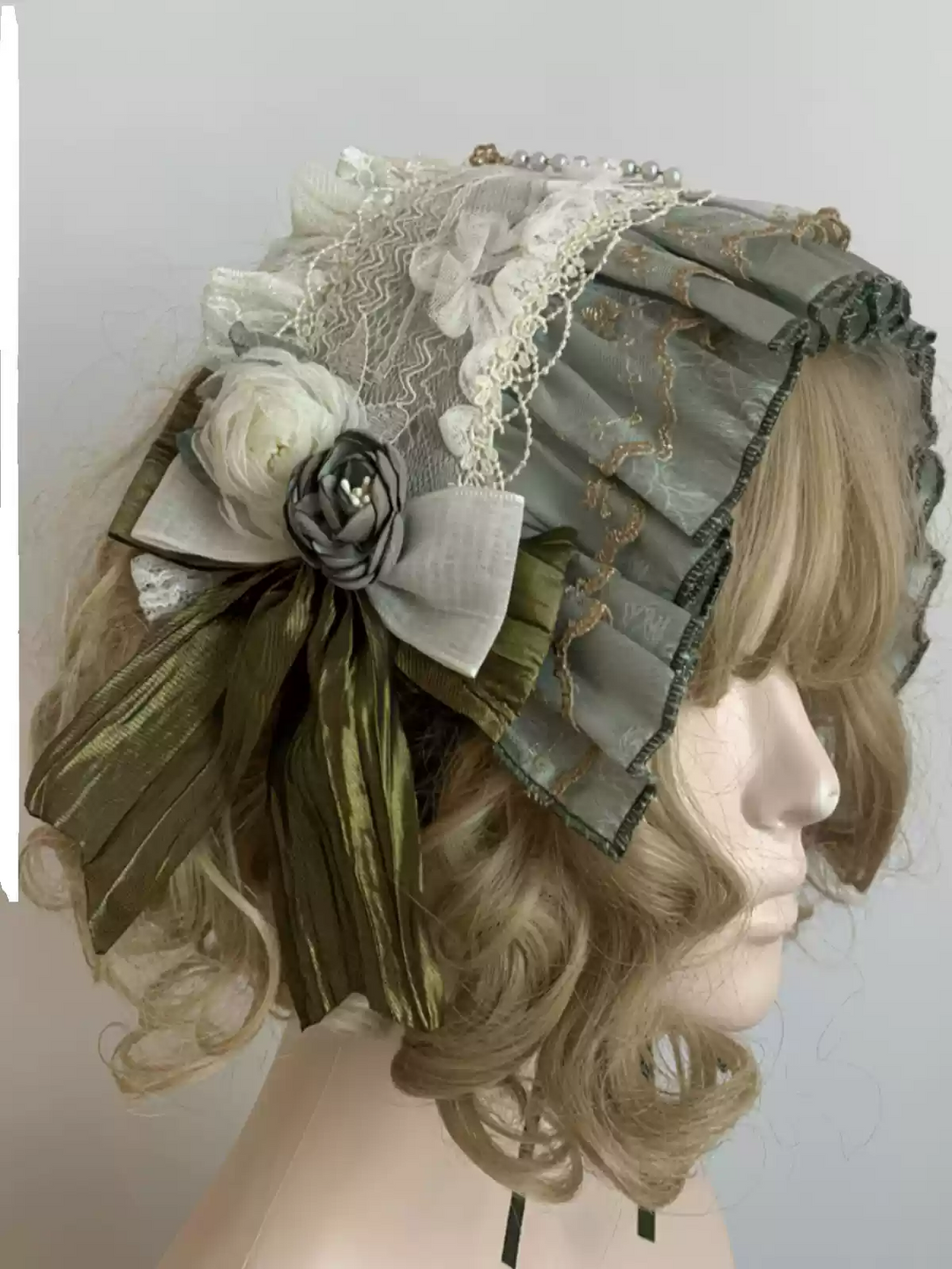 Handmade Green Lolita Hat with Exquisite Lace and Floral Embellishments