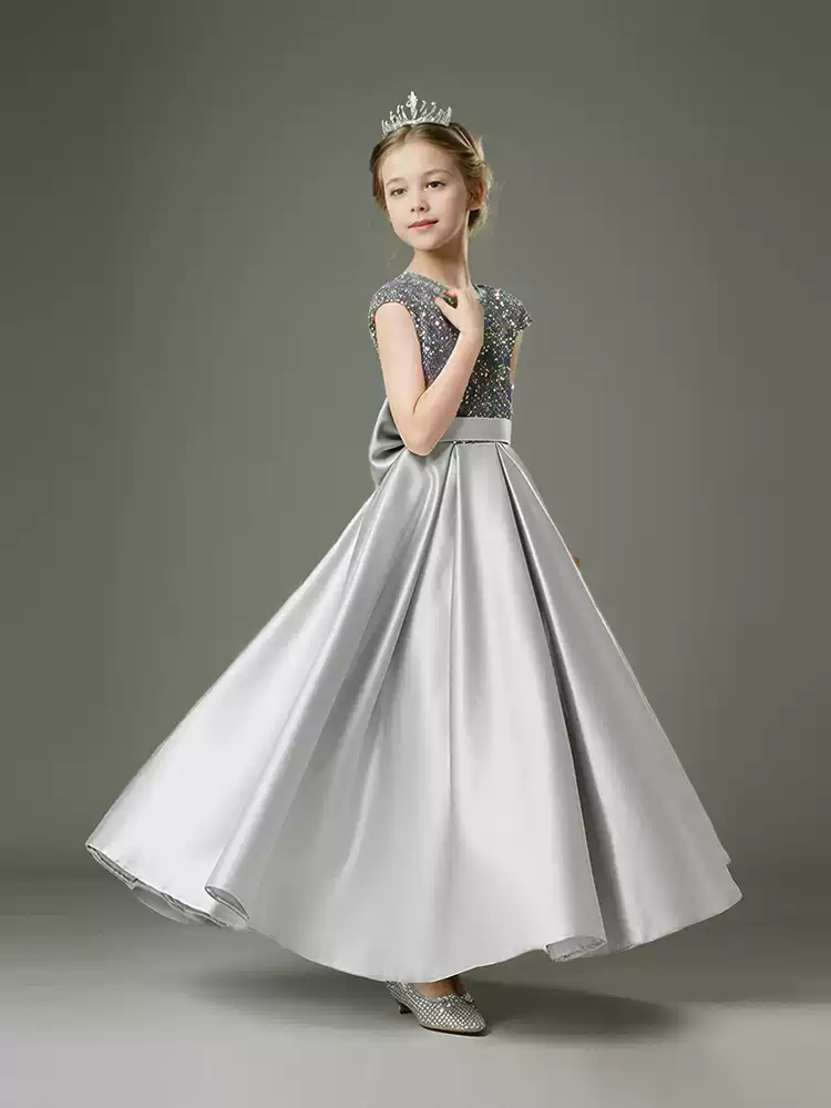 Grey Satin Flower Girl Dress with Glitter Bodice – Special Occasion Flower Girl Dress with Bow Plus Size
