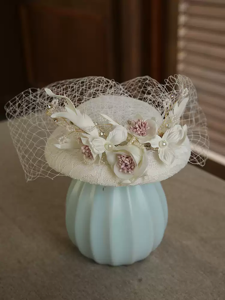 Vintage-Inspired Bridal White Fascinator Hat with Veil - White Wedding Hats