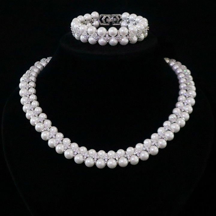 Pearl White Necklace and Bracelet Set with Rhinestone Accents - Jewelry Sets