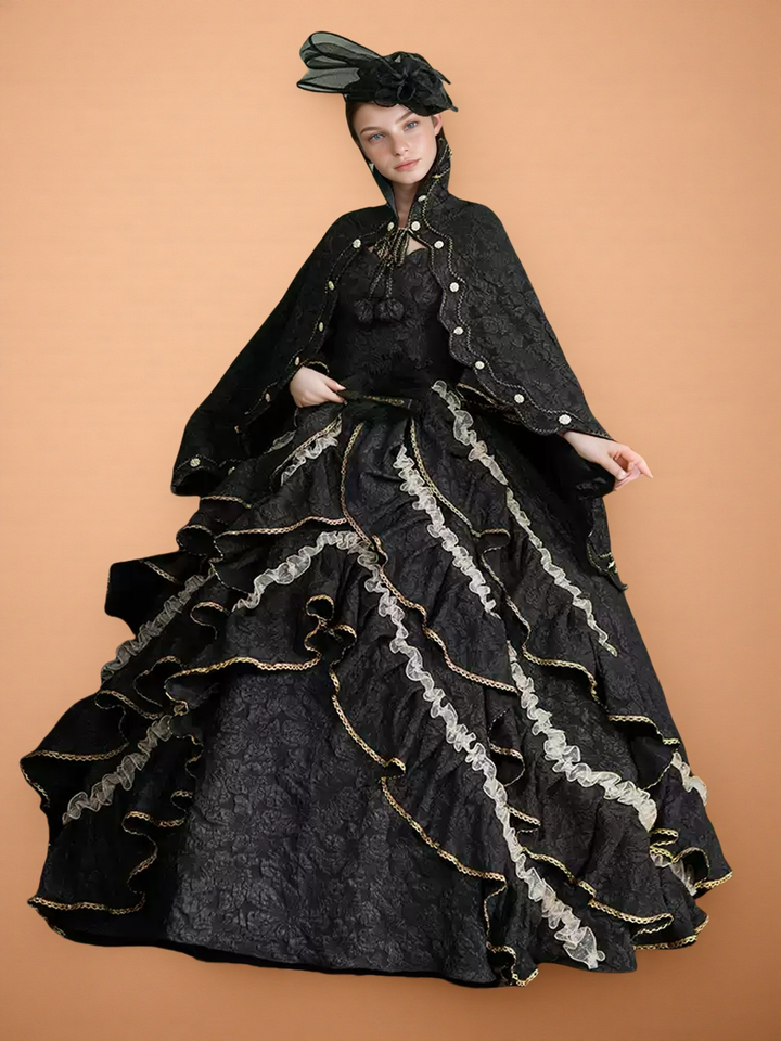 Gothic Black Victorian Ball Gown with Ruffle Cape – Vintage Court Dress with Lace Trim and Statement Hat
