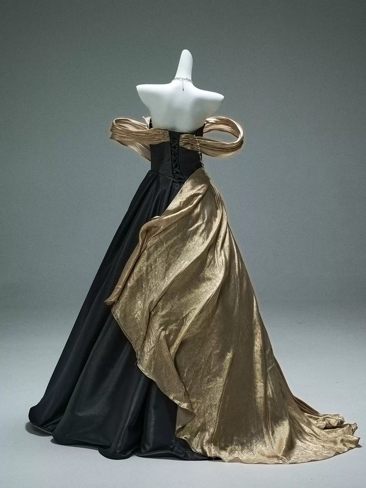 Black and Gold Evening Dress – Off the Shoulder Evening Gown with Draped Satin and Corset Back Plus Size
