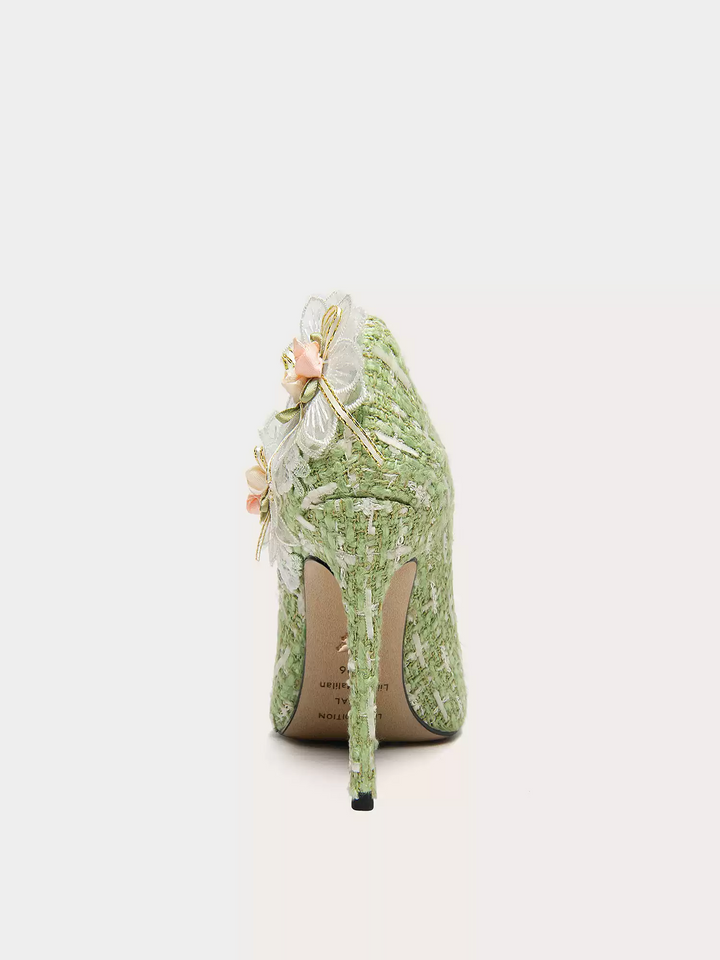 Lolita Vintage Tweed Heels with Floral Embellishments
