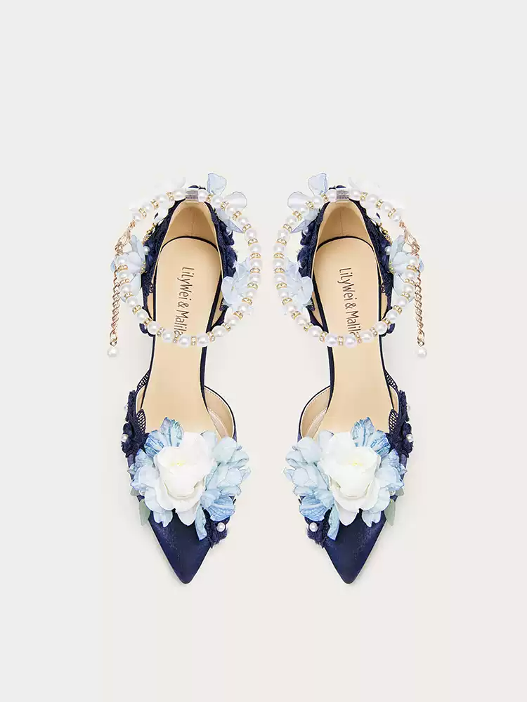 Gothic Bridal Deep Blue Floral Pearl Embellished High Heel Sandals