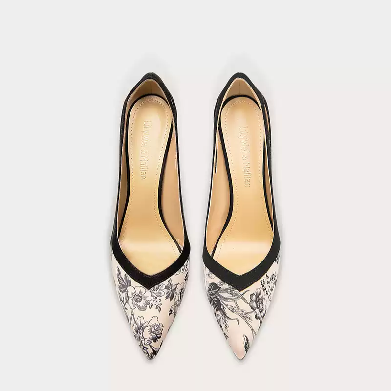Vintage-Inspired Black Suede Stiletto Heels with Floral Print Accents