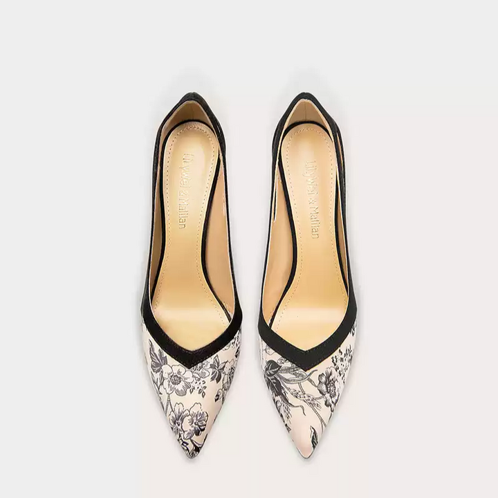 Vintage-Inspired Black Suede Stiletto Heels with Floral Print Accents