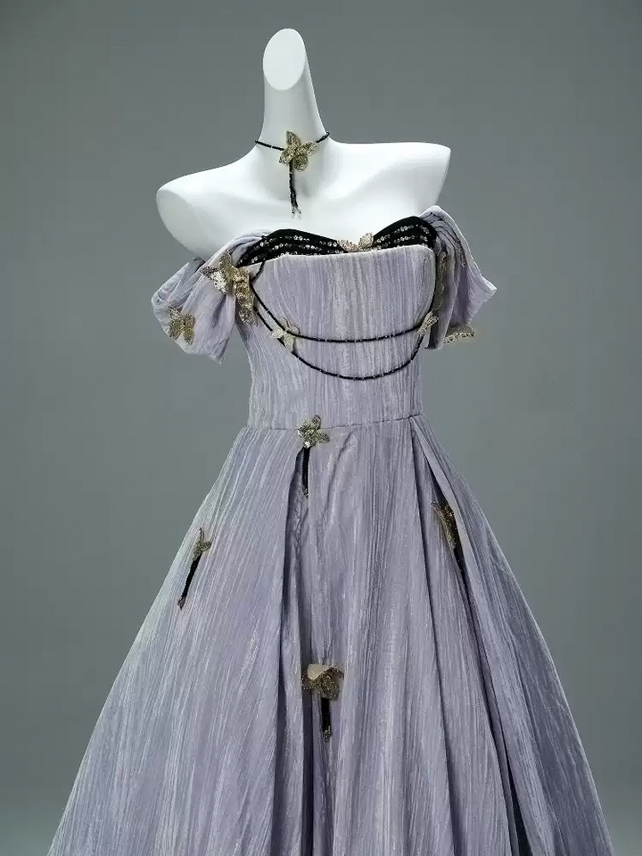 Lavender Purple Evening Dress with Butterfly Appliqué – Velvet Evening Gown with Corset Back and Matching Choker Plus Size