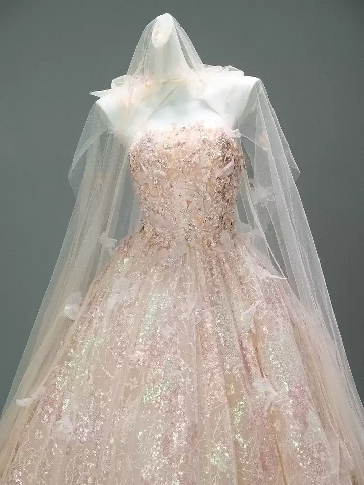 Blush Pink Sequin Ball Gown with Floral Appliqué – Strapless Evening Dress with Tulle and Matching Veil Plus Size
