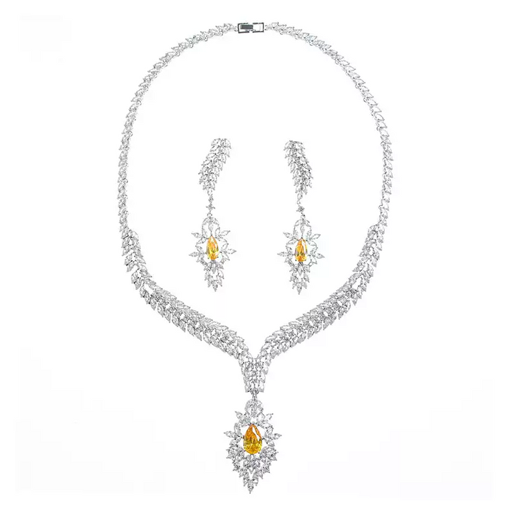 Vintage-Inspired Zircon Necklace and Earrings Set – Elegant Bridal Jewelry Set