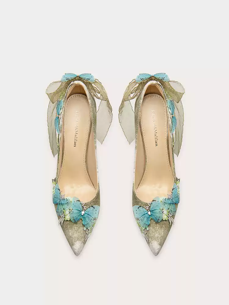 Lolita-Inspired Green Butterfly and Tassel High Heels for Fairy Aesthetic