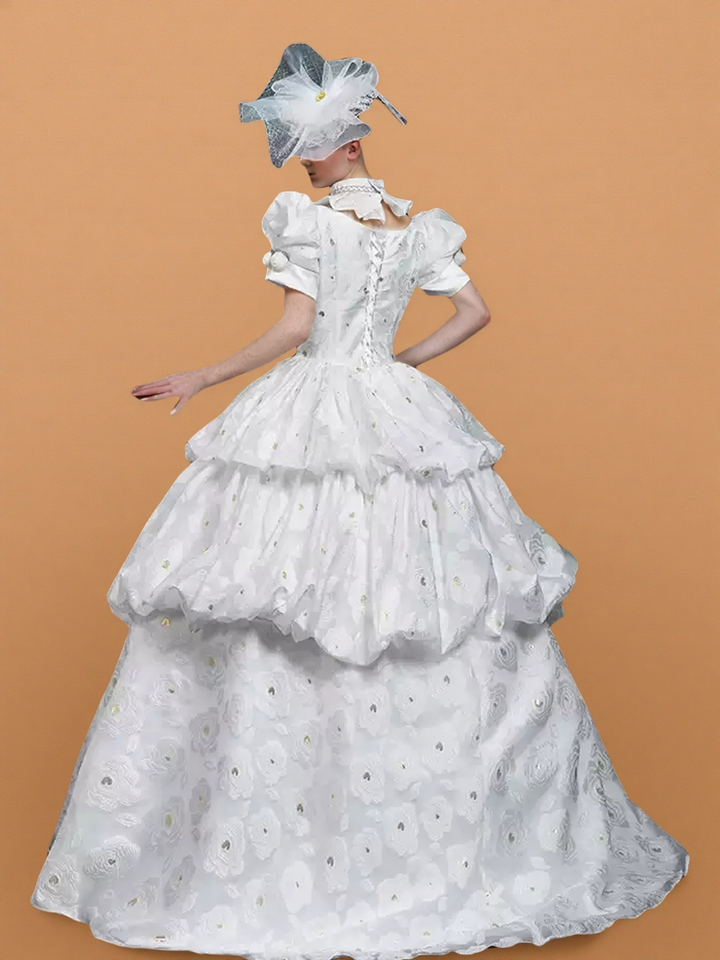 Marie Antoinette Wedding Dress in White Rococo Floral Fabric with Puff Sleeves and Tiered Skirt – Baroque Ball Gown Plus Size
