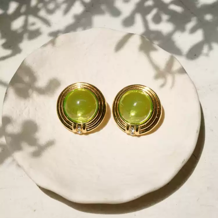 Vintage-Inspired Cabochon Studs with Olive Resin and Gold Accents - Green Grape