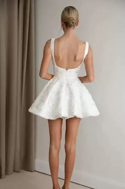 Short Bridal Wedding Dress with Sleeveless Design and Square Neckline  – Sequin Wedding Dress Beaded Plus Size