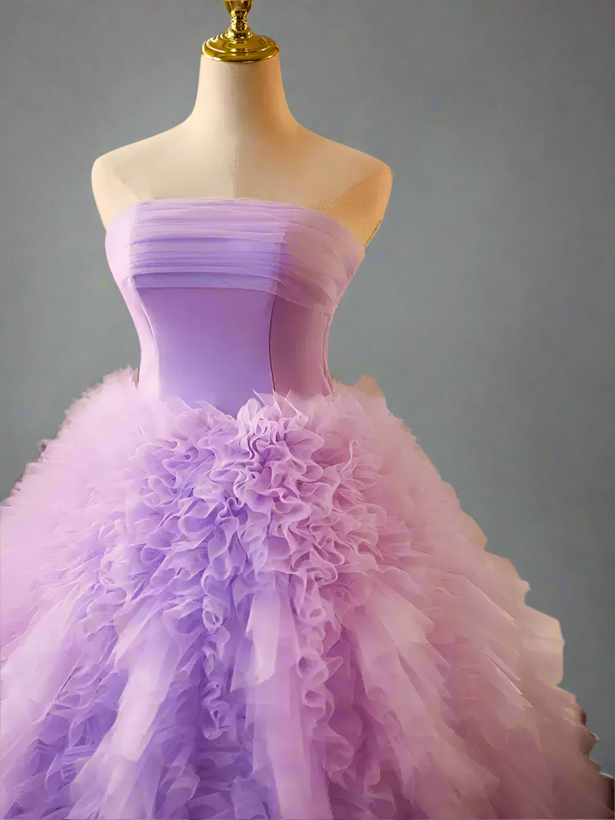 Purple Ball Gown with Layered Tulle Skirt - Corset Tulle Dress with Strapless - Layered Tulle Ruffle Dress Plus Size